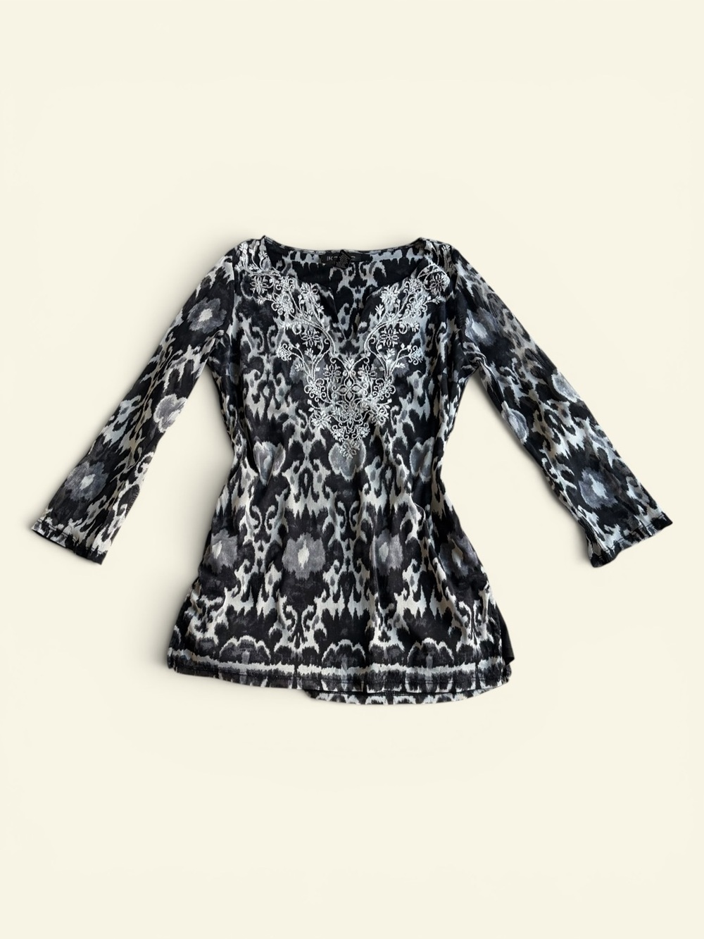 INC International Concepts Embroidered Mesh Tunic Top Black White Boho Women's S